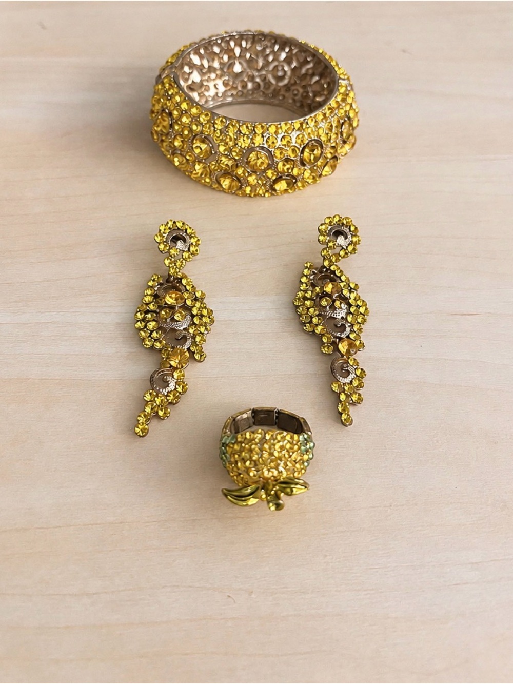 Yellow Statement Jewelry Set - Bold adjustable Ring, Earrings and bracelet